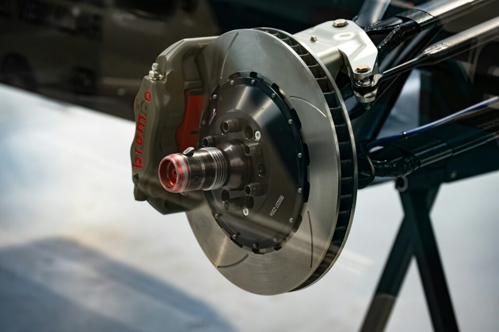 Brake rotor and hub on a car in the shop